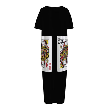 Four Queens Playing Cards Print Short Sleeve Long Nightdress