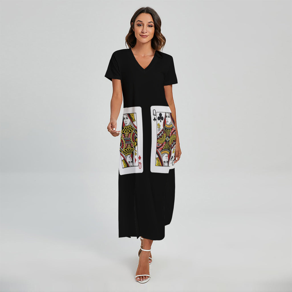 Four Queens Playing Cards Print Short Sleeve Maxi Dress