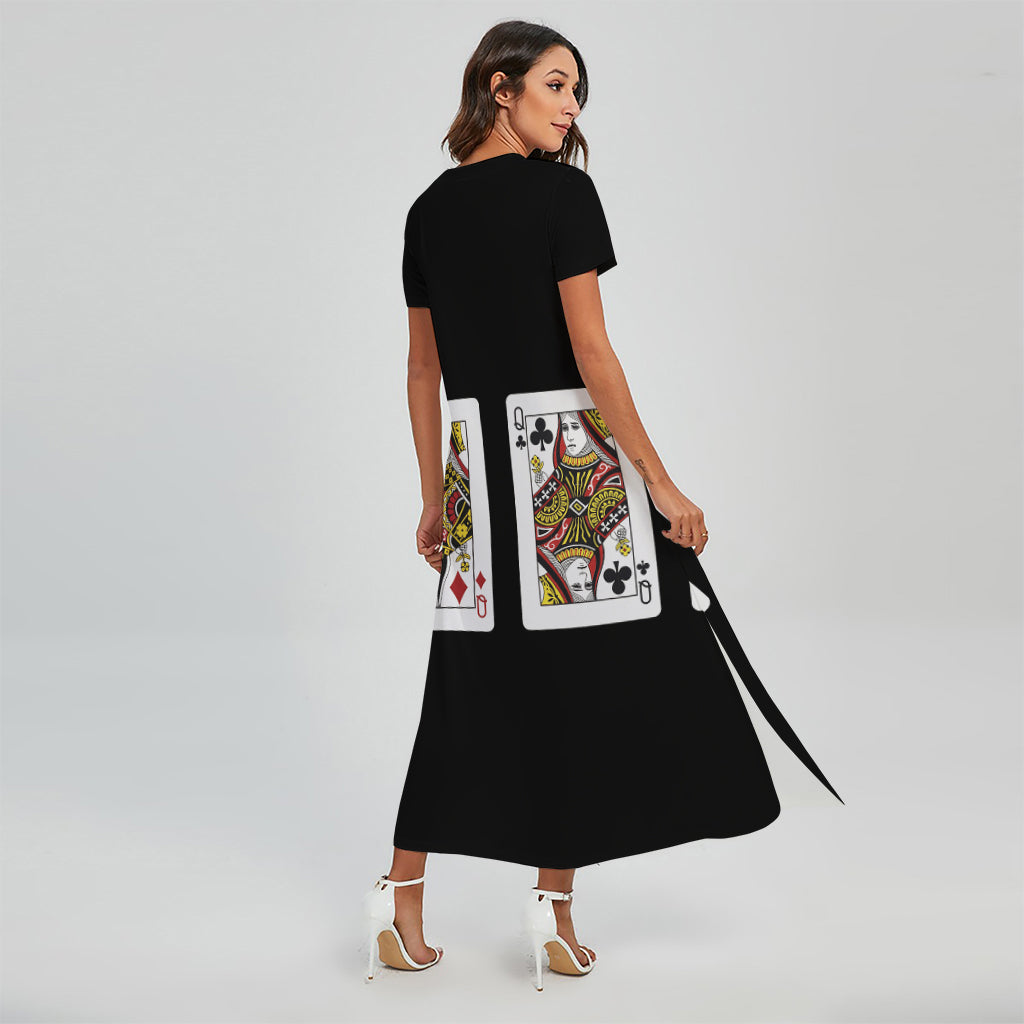 Four Queens Playing Cards Print Short Sleeve Maxi Dress