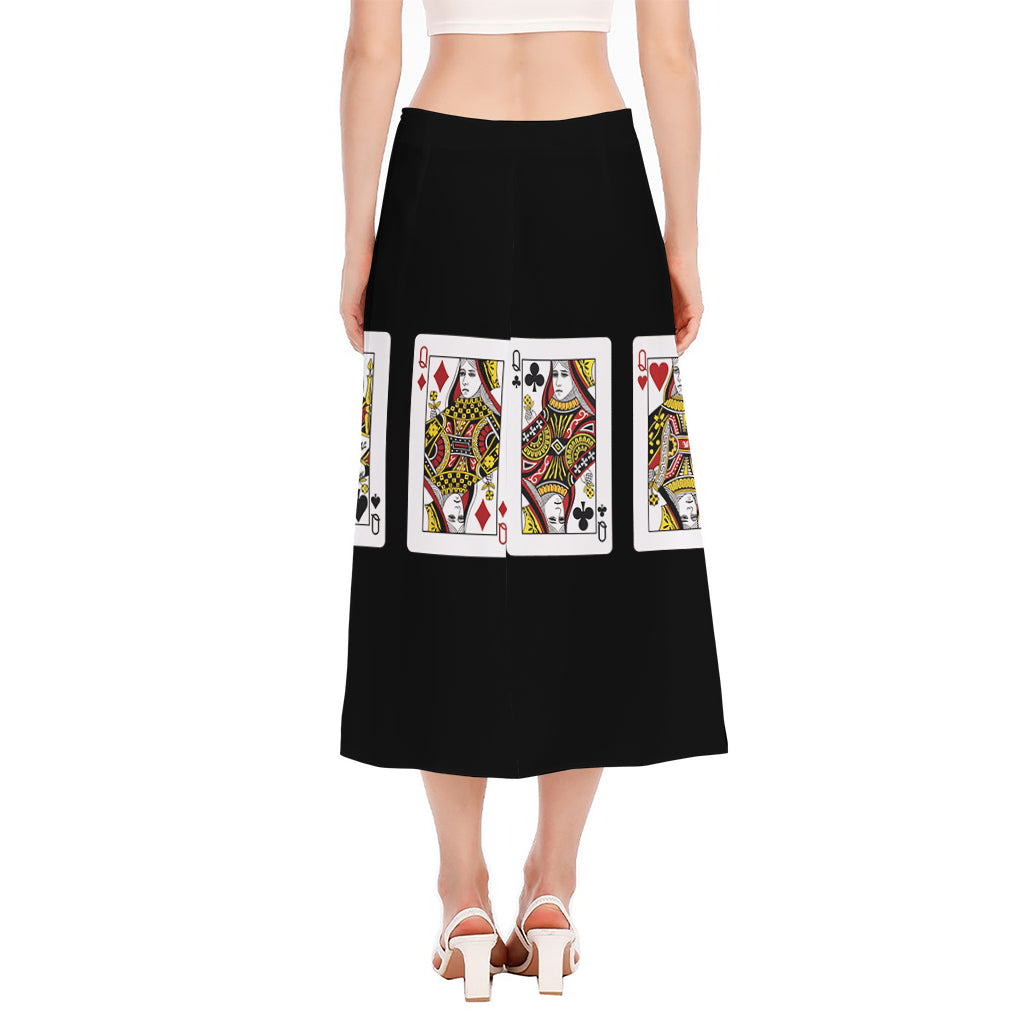 Four Queens Playing Cards Print Side Slit Midi Skirt