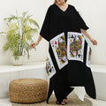 Four Queens Playing Cards Print Silk V-Neck Kaftan Dress