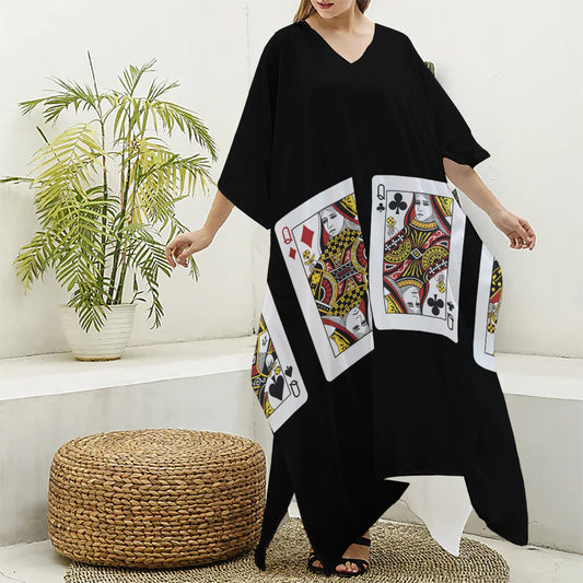Four Queens Playing Cards Print Silk V-Neck Kaftan Dress