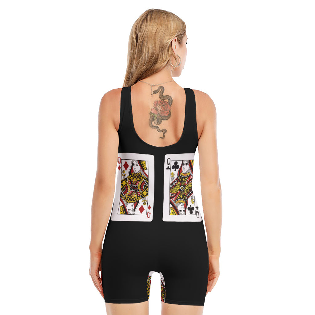 Four Queens Playing Cards Print Sleeveless One Piece Swimsuit