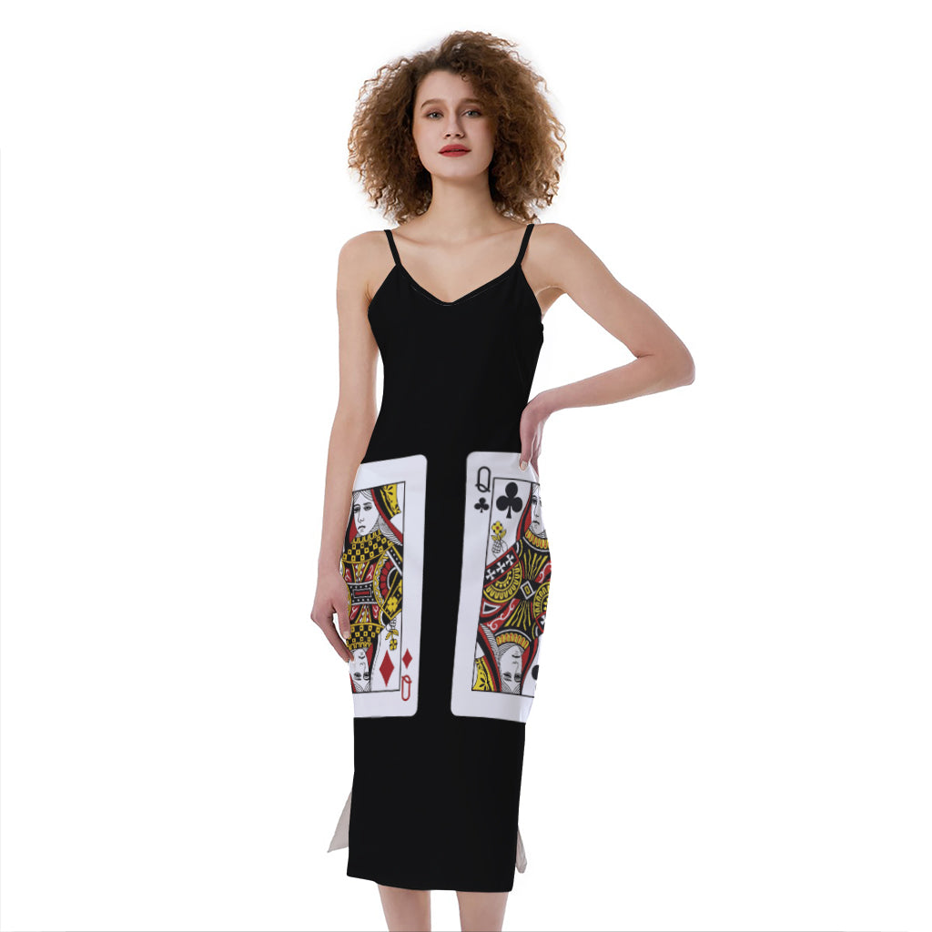Four Queens Playing Cards Print Slim Fit Midi Cami Dress
