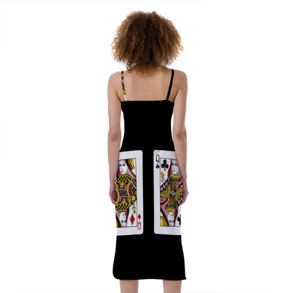 Four Queens Playing Cards Print Slim Fit Midi Cami Dress
