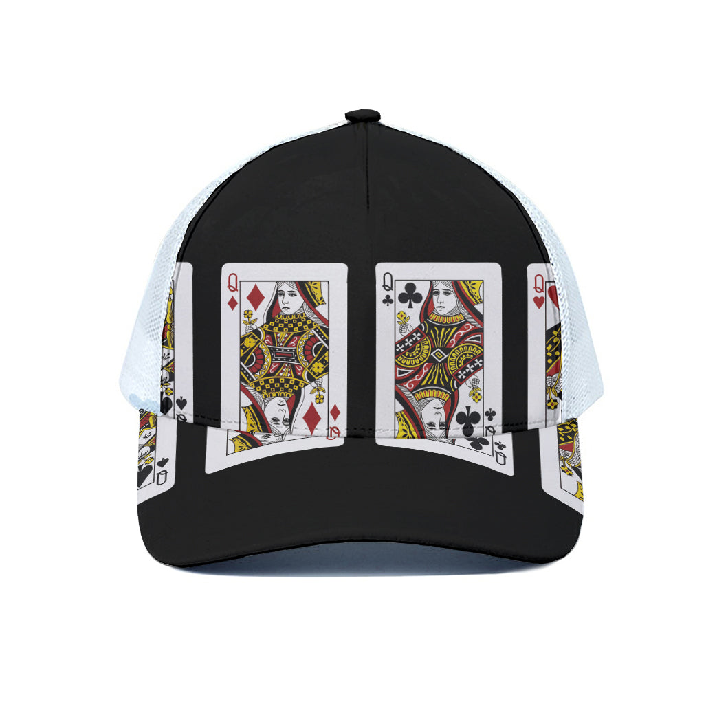 Four Queens Playing Cards Print White Mesh Trucker Cap