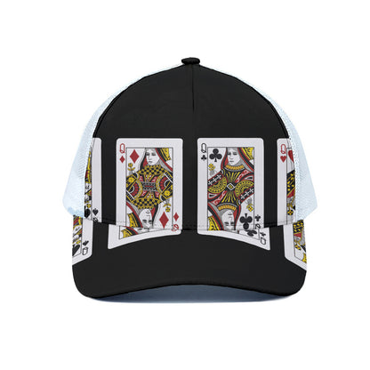Four Queens Playing Cards Print White Mesh Trucker Cap