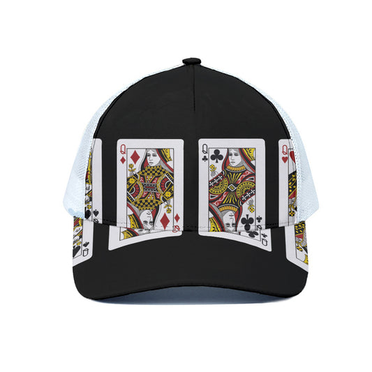 Four Queens Playing Cards Print White Mesh Trucker Cap