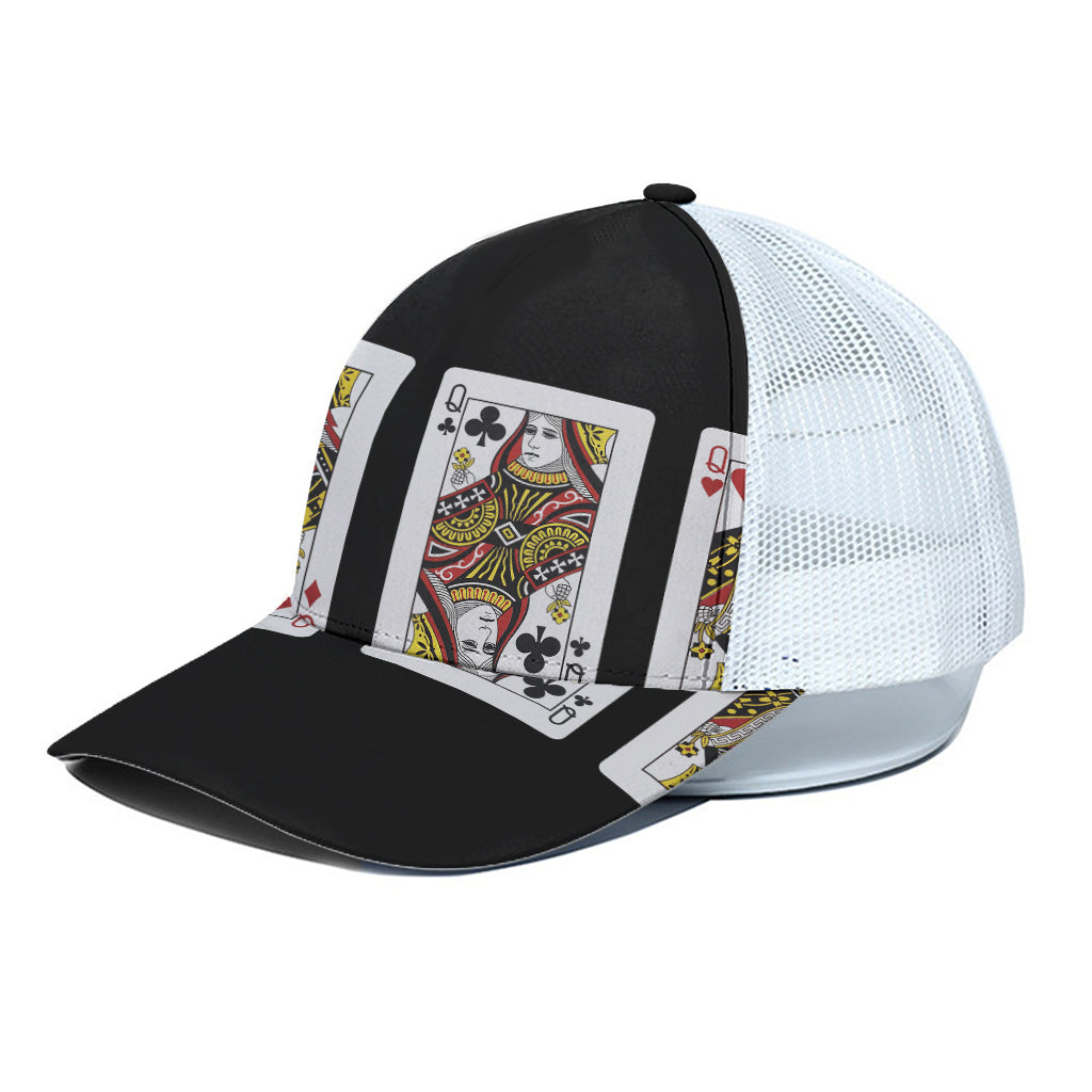 Four Queens Playing Cards Print White Mesh Trucker Cap