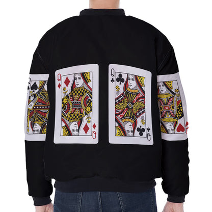 Four Queens Playing Cards Print Zip Sleeve Bomber Jacket