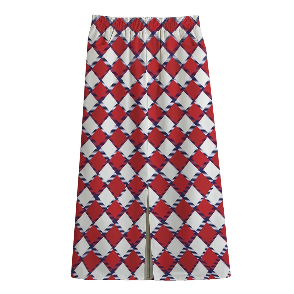 Fourth of July American Plaid Print Cotton Front Slit Maxi Skirt