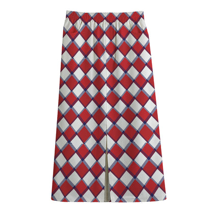 Fourth of July American Plaid Print Cotton Front Slit Maxi Skirt