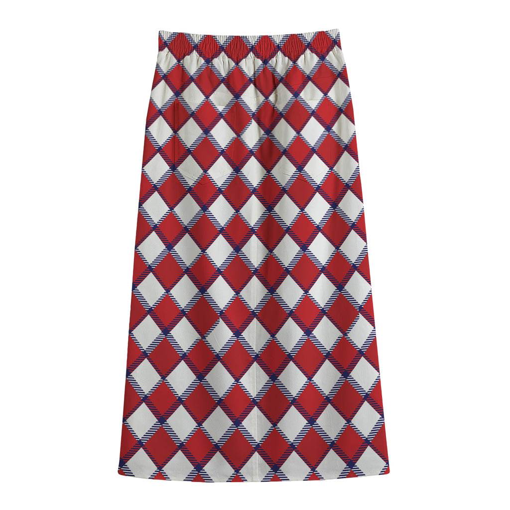 Fourth of July American Plaid Print Cotton Front Slit Maxi Skirt