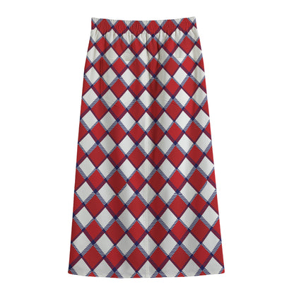 Fourth of July American Plaid Print Cotton Front Slit Maxi Skirt