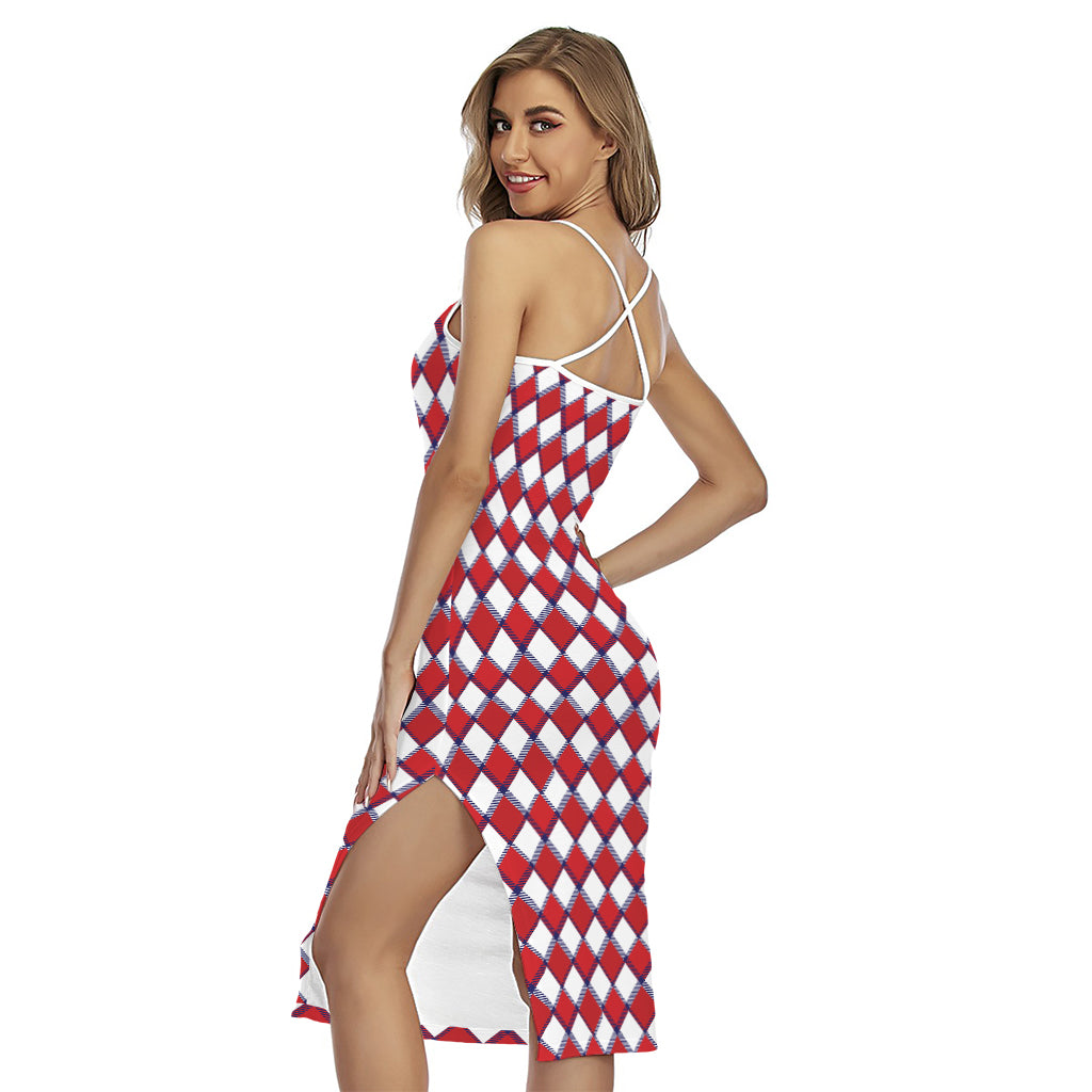 Fourth of July American Plaid Print Cross Back Cami Dress