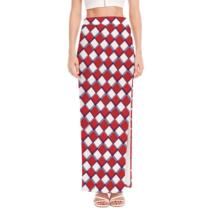 Fourth of July American Plaid Print High Slit Maxi Skirt