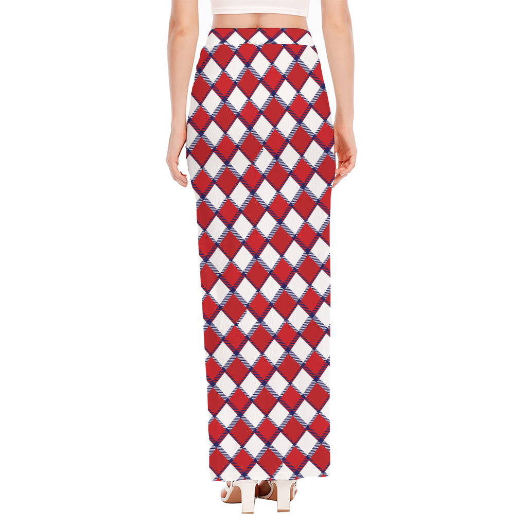 Fourth of July American Plaid Print High Slit Maxi Skirt