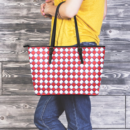 Fourth of July American Plaid Print Leather Tote Bag