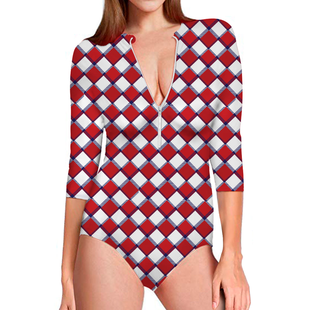 Fourth of July American Plaid Print Long Sleeve Swimsuit