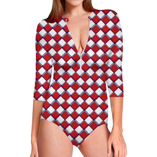 Fourth of July American Plaid Print Long Sleeve Swimsuit