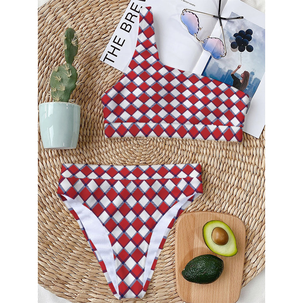 Fourth of July American Plaid Print One Shoulder Bikini Top