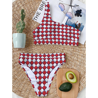 Fourth of July American Plaid Print One Shoulder Bikini Top