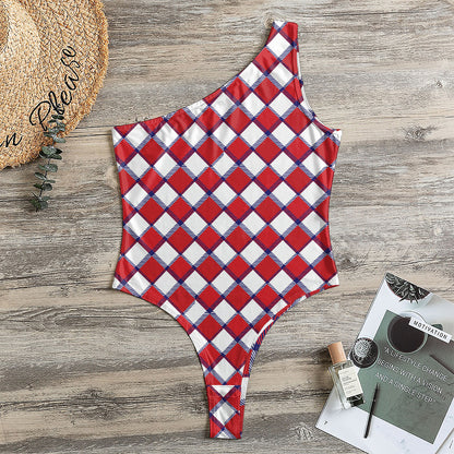 Fourth of July American Plaid Print One Shoulder Bodysuit