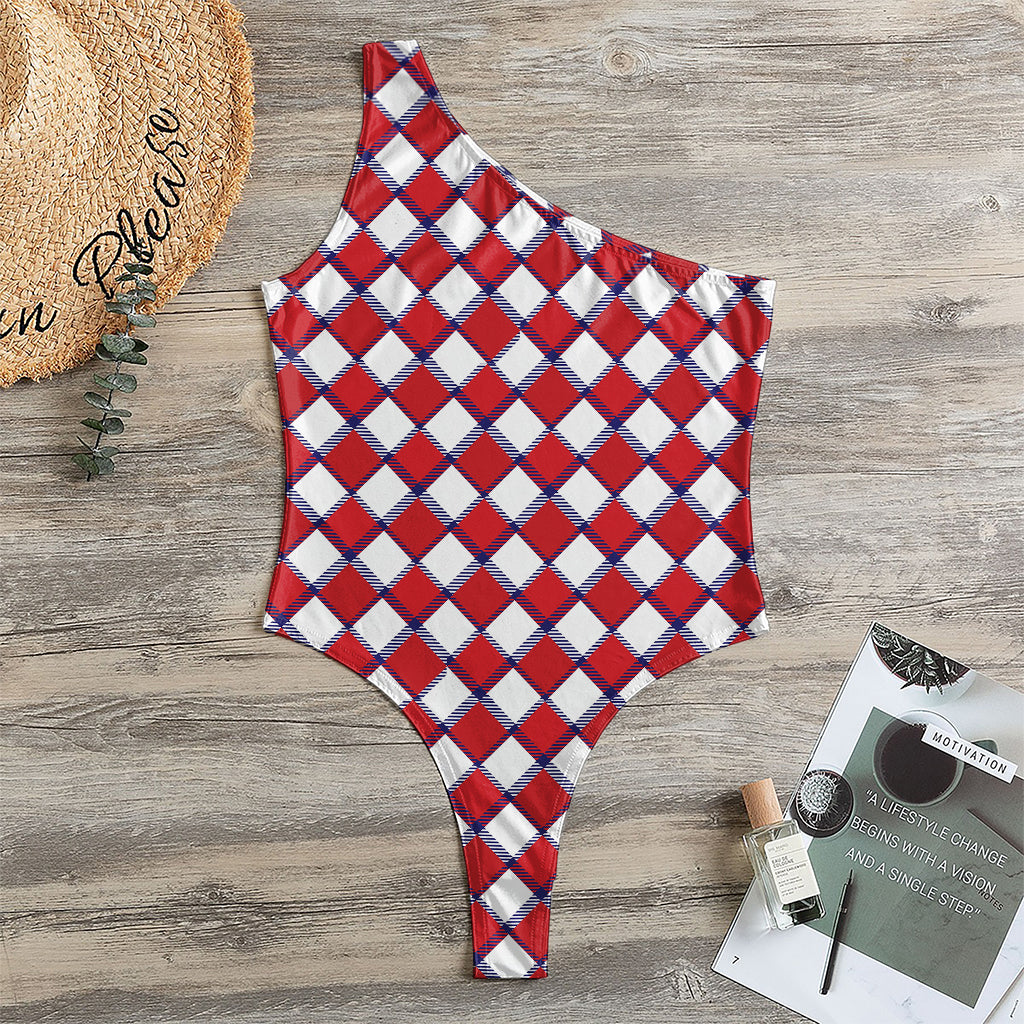 Fourth of July American Plaid Print One Shoulder Bodysuit