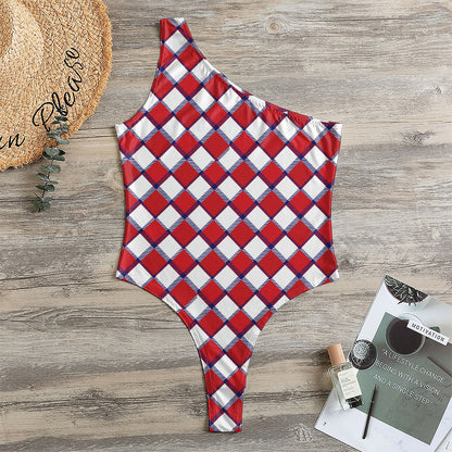 Fourth of July American Plaid Print One Shoulder Bodysuit