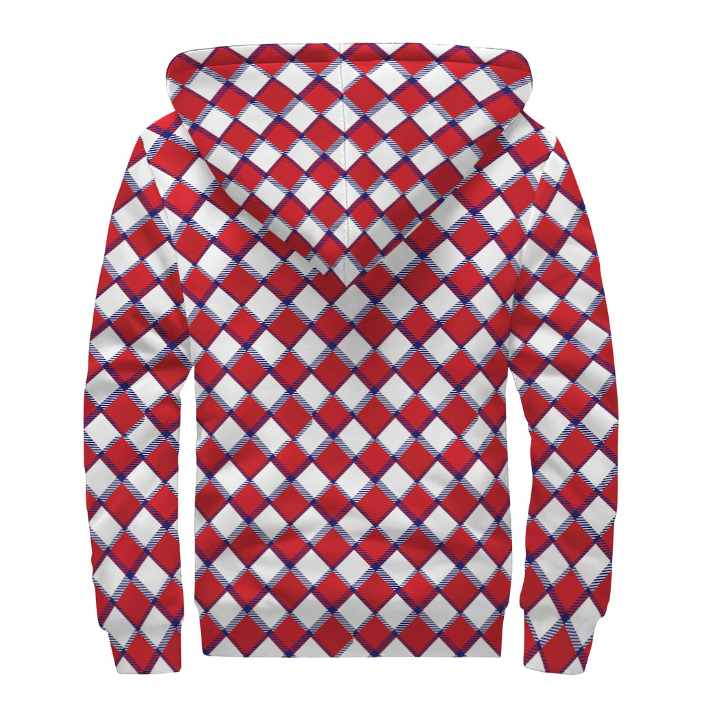 Fourth of July American Plaid Print Sherpa Lined Zip Up Hoodie