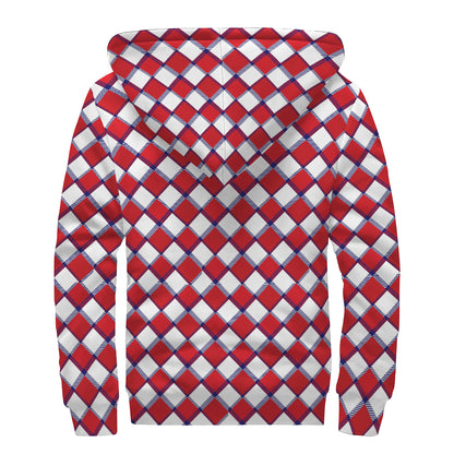 Fourth of July American Plaid Print Sherpa Lined Zip Up Hoodie