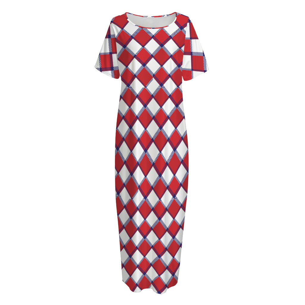 Fourth of July American Plaid Print Short Sleeve Long Nightdress
