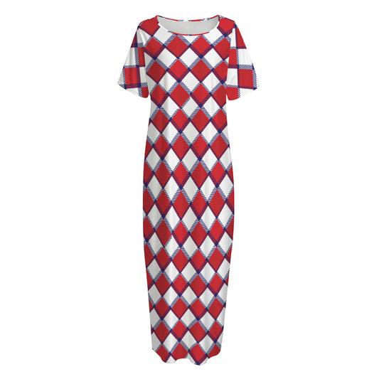 Fourth of July American Plaid Print Short Sleeve Long Nightdress