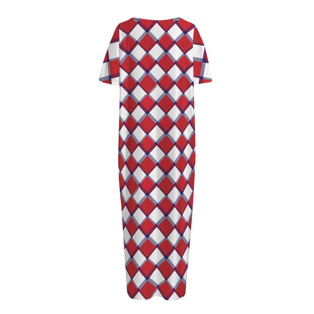 Fourth of July American Plaid Print Short Sleeve Long Nightdress