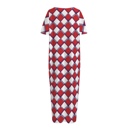 Fourth of July American Plaid Print Short Sleeve Long Nightdress