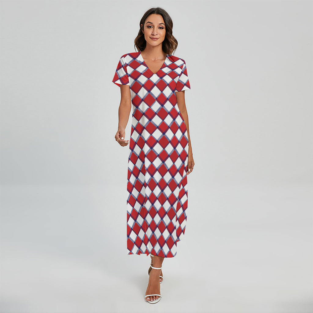 Fourth of July American Plaid Print Short Sleeve Maxi Dress