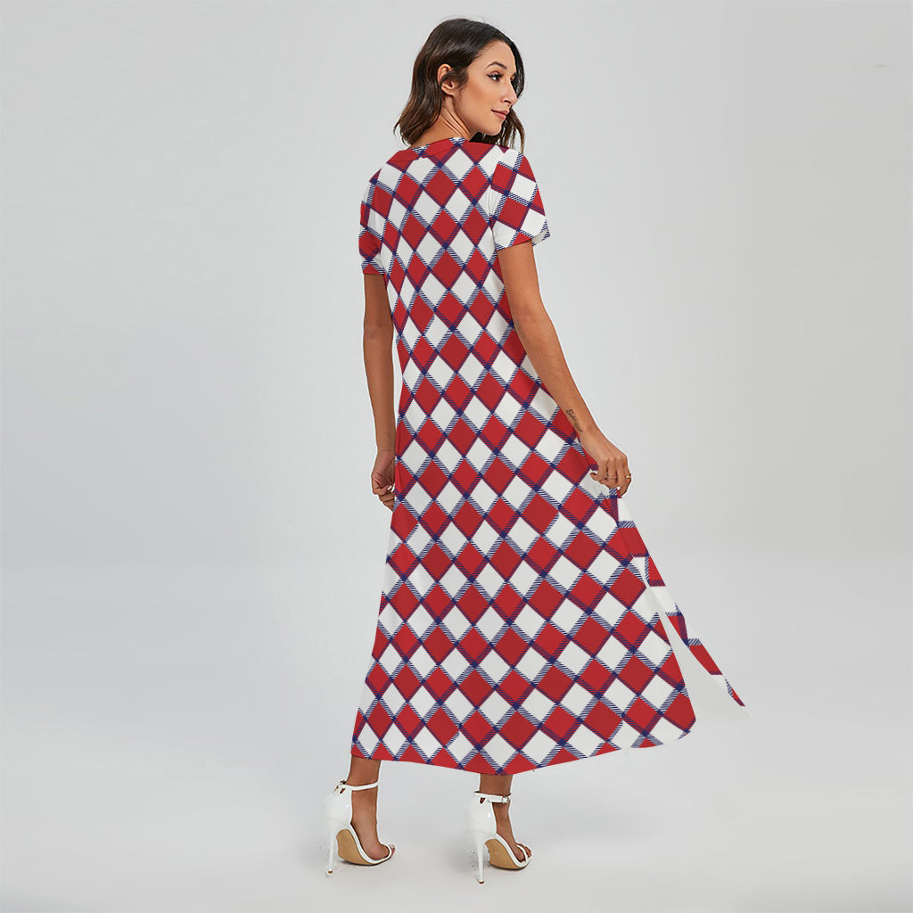 Fourth of July American Plaid Print Short Sleeve Maxi Dress