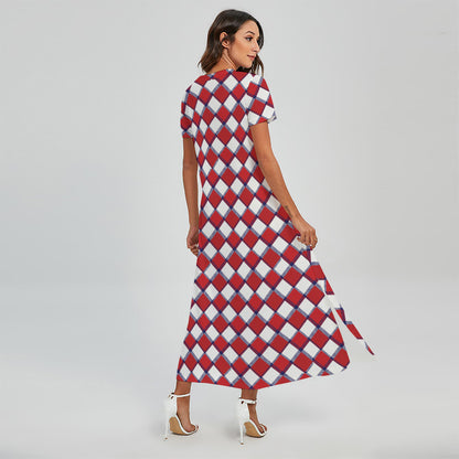Fourth of July American Plaid Print Short Sleeve Maxi Dress