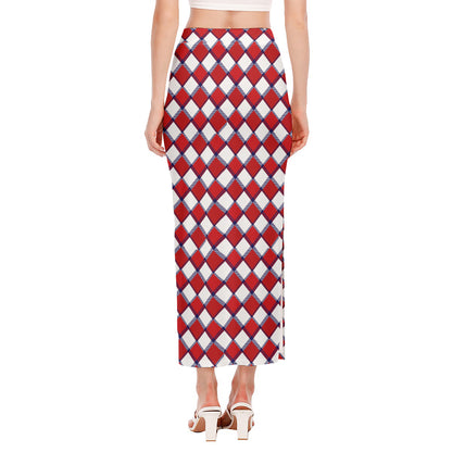 Fourth of July American Plaid Print Side Slit Maxi Skirt