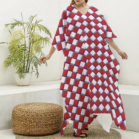 Fourth of July American Plaid Print Silk V-Neck Kaftan Dress