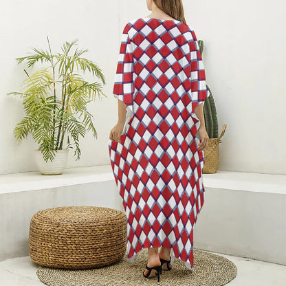 Fourth of July American Plaid Print Silk V-Neck Kaftan Dress