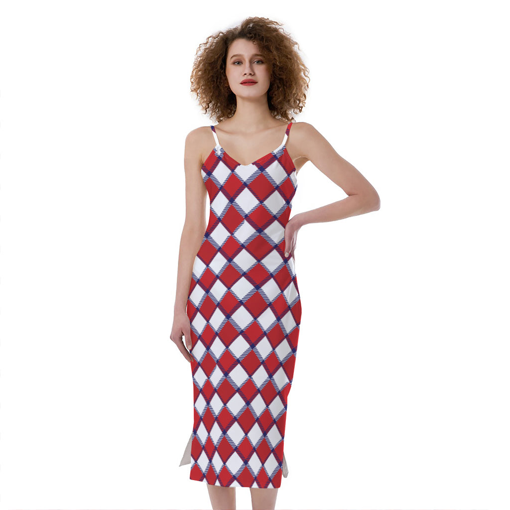 Fourth of July American Plaid Print Slim Fit Midi Cami Dress