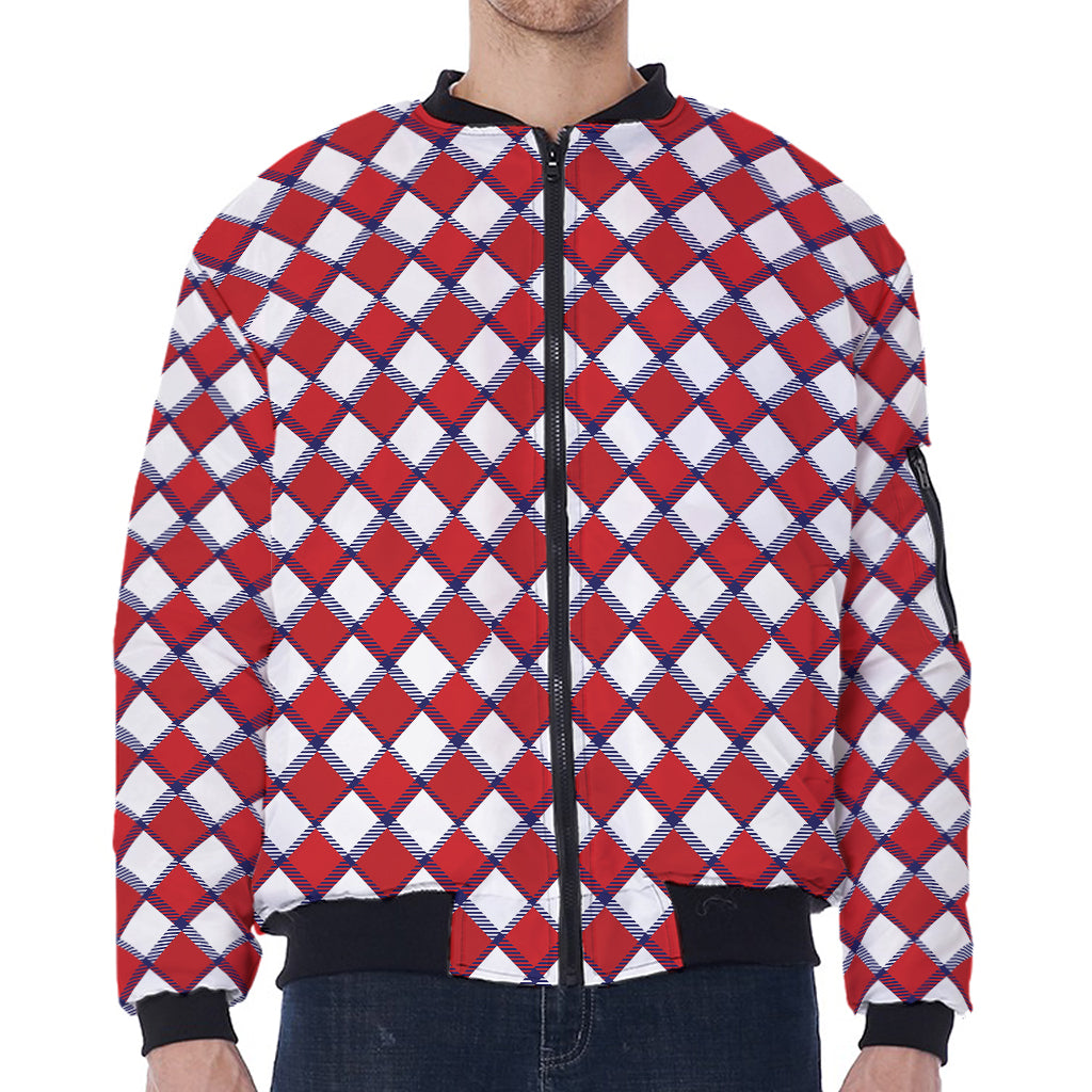 Fourth of July American Plaid Print Zip Sleeve Bomber Jacket