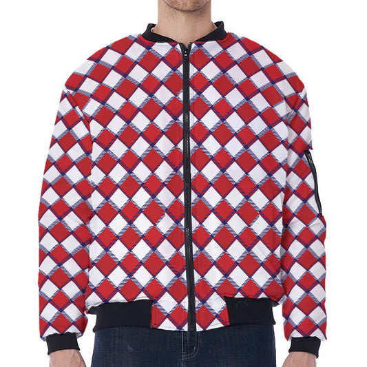 Fourth of July American Plaid Print Zip Sleeve Bomber Jacket