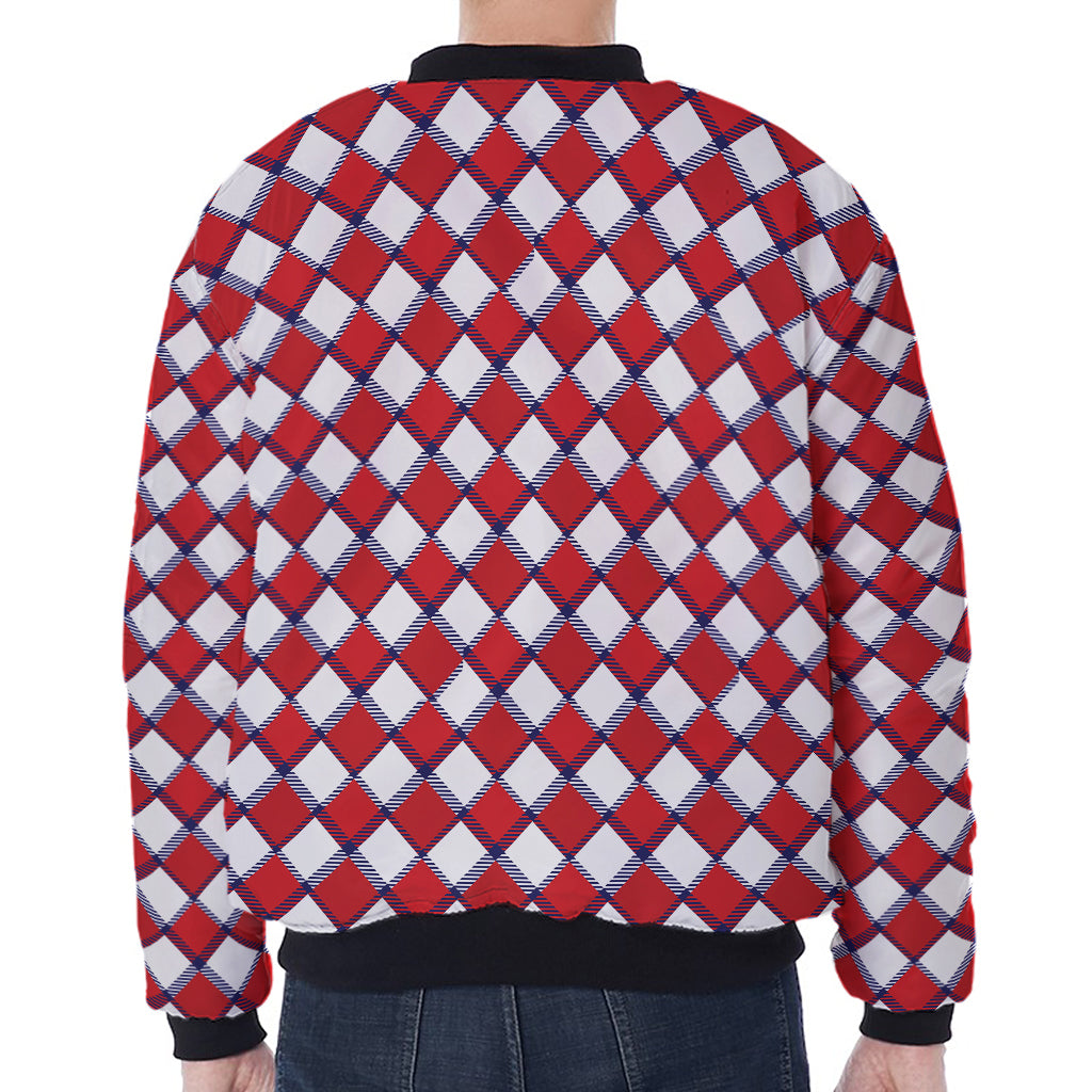 Fourth of July American Plaid Print Zip Sleeve Bomber Jacket
