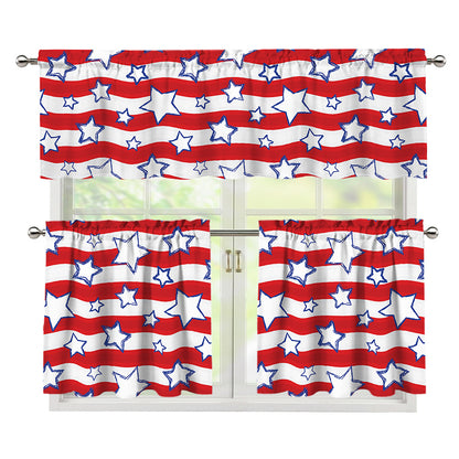 Fourth of July USA Star Pattern Print 3 Piece Kitchen Curtains
