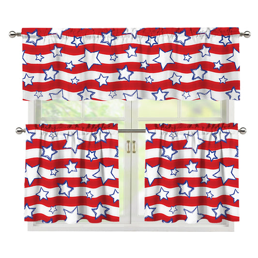 Fourth of July USA Star Pattern Print 3 Piece Kitchen Curtains