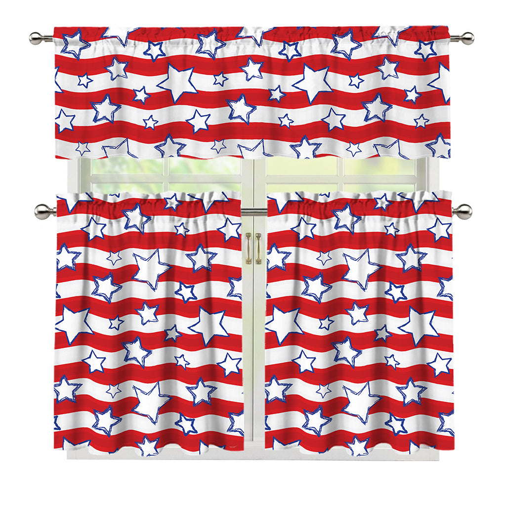 Fourth of July USA Star Pattern Print 3 Piece Kitchen Curtains