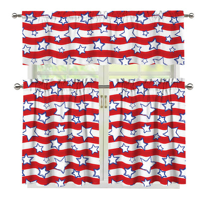 Fourth of July USA Star Pattern Print 3 Piece Kitchen Curtains