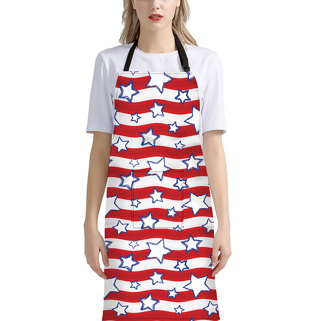 Fourth of July USA Star Pattern Print Bib Apron With Pocket